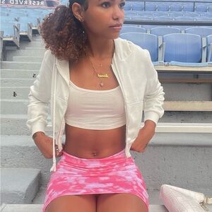 prettylittlething pink tie-dye mini skirt